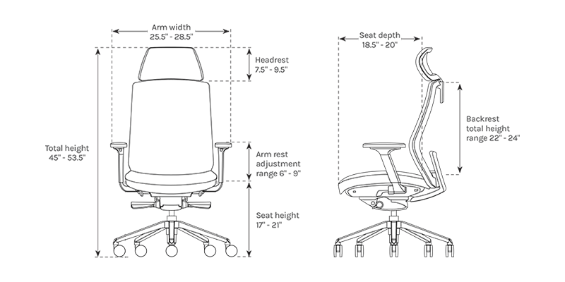 Line art diagram of the UPLIFT Desk Envoke ergonomic chair, highlighting its dimensions and adjustable features.