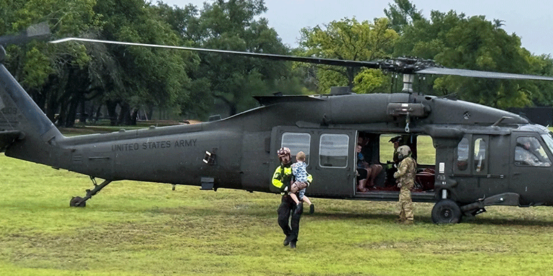 Helicopter rescue operations during the Liberty Hill floods at Hope House.